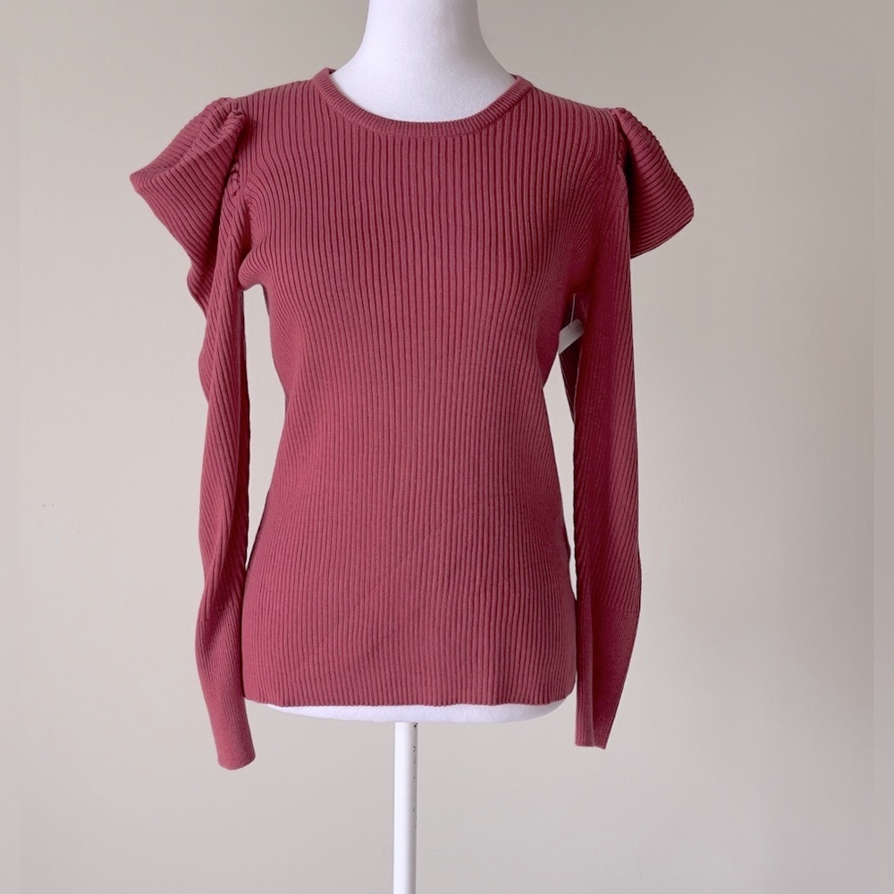JOE'S JEANS Puff Sleeve Ribbed Long Sleeve Crewneck Sweater in Deep Pink NWOT